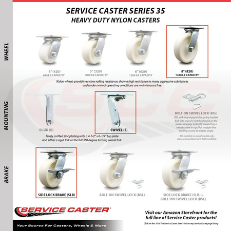 Service Caster 8 Inch Nylon Caster Set with Roller Bearing 2 Brakes and 2 Rigid SCC-35S820-NYR-SLB-2-R-2